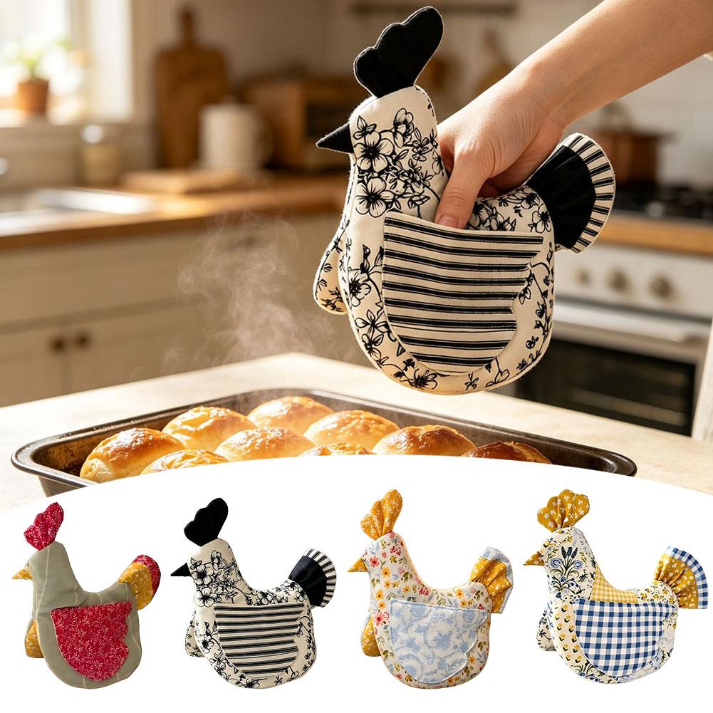 Kitchen Baking Gloves - Handgefertigtes Hühnerförmiges Ofenhandschuh- und Topflappen-Set, Hitzebeständiger